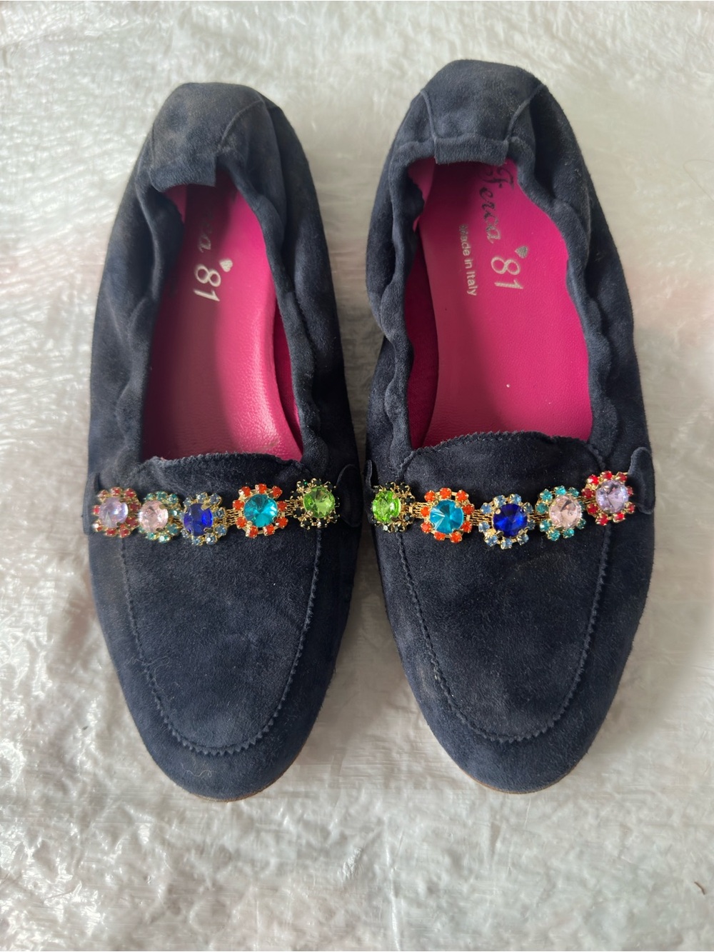 Navy Suede Jeweled Ballet Loafers